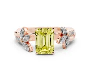 Fancy Yellow Emerald Cut Diamond Floral Vine Solitaire Engagement Ring Set in Rose gold with Marquise Leaves
