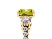 Fancy Yellow Three-Stone Asscher Cut Diamond Pavé Band Ring Set in Yellow gold with Prong-Set Trio