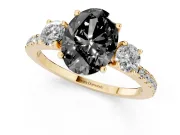Fancy Black Oval Cut Diamond Three-Stone Ring Set in Yellow gold with Pavé Band and Graduated Sides