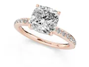 Cushion Cut Diamond Pavé Band Ring Set in Rose gold with Prong-Set Center Stone