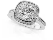 Cushion Cut Diamond Halo Ring Set in Platinum with Pavé Band and Milgrain-Edged Prongs