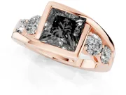 Fancy Black Princess Cut Diamond Bezel Bypass Ring Set in Rose gold with Round Accents