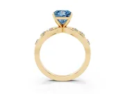 Fancy Blue Princess Cut Diamond Solitaire Ring Set in Yellow gold with Side Stones on Criss-Cross Band and Prong Setting