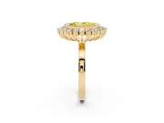 Fancy Yellow Oval Cut Diamond Halo Ring Set in Yellow gold with Milgrain Edge and Round Prong Setting
