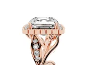 Asscher Cut Vintage Leaf Halo Engagement Ring Setting | Graduated Vine Shank | Rose Gold