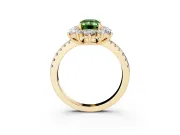 Fancy Green Emerald Cut Diamond Floral Halo Ring Set in Yellow gold with Round Pavé Band and Prong Setting