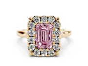 Emerald Cut Claw Corner Halo Engagement Ring Setting for a Fancy Pink Lab-Grown Diamond | Slim Plain Band | Yellow Gold