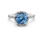 Fancy Blue Cushion Cut Diamond Halo Pavé Band Ring Set in Silver with Prong-Held Center