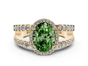 Fancy Green Oval Cut Diamond Halo Ring Set in Yellow gold with Pavé Split Shank and Prong Setting