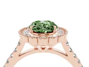 Fancy Green Oval Cut Diamond Milgrain Floral Halo Engagement Ring Set in Rose gold with Pavé Band
