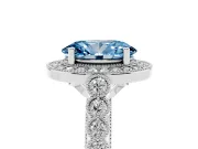 Fancy Blue Oval Cut Diamond Milgrain Halo Solitaire Ring Set in Platinum with Bezel Set Side Stones and Pavé Band