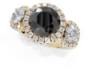 Round Three Stone Halo Engagement Ring Setting for a Black Center | Haloed Side Stones | Yellow Gold