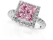 Fancy Pink Princess Cut Diamond Pavé Band Halo Engagement Ring Set in Platinum with Prong Setting