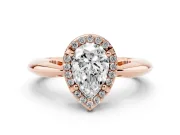 Pear Cut Diamond Halo Engagement Ring Set in Rose gold with Plain Split Shank and Prong Setting