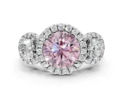 Round Three Stone Halo Engagement Ring Setting for a Fancy Pink Lab-Grown Diamond | Platinum