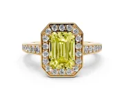 Fancy Yellow Emerald Cut Diamond Halo Pavé Engagement Ring Set in Yellow gold with Bezel Setting