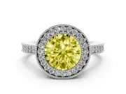 Fancy Yellow Round Cut Diamond Halo Engagement Ring Set in Platinum with Pavé Band and Round Halo Stones