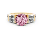 Fancy Pink Round Cut Diamond Engagement Ring Set in Yellow gold with Baguette Side Stones and Channel Set Band