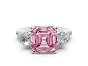 Fancy Pink Three-Stone Asscher Cut Diamond Pavé Band Ring Set in Platinum with Prong-Set Trio