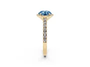 Fancy Blue Round Cut Diamond Halo Engagement Ring Set in Yellow gold with Pavé Band and Prong Setting
