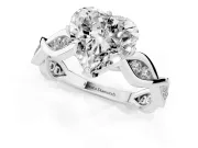 Heart Cut Diamond Twist Band Solitaire Ring Set in Platinum with Leaf Prong Setting and Accent Stones