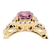 Fancy Pink Radiant Cut Diamond Halo Ring Set in Yellow gold with Scrollwork Band and Prong Setting