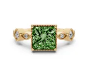 Fancy Green Princess Cut Diamond Vintage-Inspired Milgrain Ring Set in Yellow gold with Marquise Stations of Round Accents