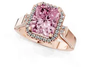 Fancy Pink Radiant Cut Diamond Halo Ring Set in Rose gold with Pavé-Lined Split Shank Band