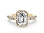 Emerald Cut Diamond Halo Engagement Ring Set in Yellow gold with Pavé Band and Prong Setting