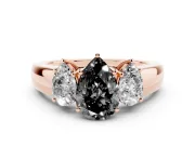Fancy Black Three-Stone Pear Cut Diamond Ring Set in Rose gold with Matching Prong Settings and Plain Band