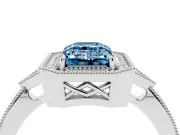 Fancy Blue Emerald Cut Diamond Halo Engagement Ring Set in Platinum with Milgrain Pavé Band