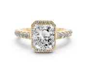Radiant Cut Diamond Halo Engagement Ring Set in Yellow gold with Pavé Band and Prong Setting