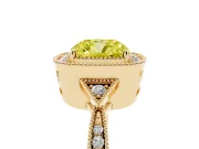Fancy Yellow Cushion Cut Diamond Halo Engagement Ring Set in Yellow gold with Milgrain Pavé Band