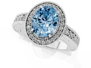 Fancy Blue Oval Cut Diamond Halo Ring Set in Silver with Round Accent Halo, Pavé Band and Prong Setting