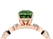 Fancy Green Emerald Cut Diamond Solitaire Ring Set in Rose gold with Ribbon Twist Band, Round Accents and Prong Setting