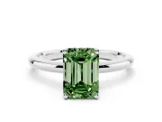 Fancy Green Emerald Cut Diamond Solitaire Engagement Ring Set in White gold with Prong Setting and Polished Band