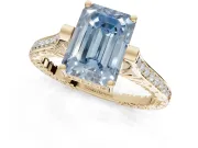 Emerald Cut Vintage Cathedral Engagement Ring Setting for a Fancy Blue Lab-Grown Diamond | Carved Band | Yellow Gold