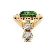 Fancy Green Radiant Cut Diamond Floral Halo Ring Set in Yellow gold with Shared Prong Band