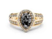 Pear-Shaped Halo Engagement Ring Setting for a Black Center | Two-Row Pavé Split Shank | Yellow Gold