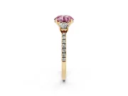 Round Three Stone Engagement Ring Setting for a Fancy Pink Lab-Grown Diamond | Pave Shoulders | Yellow Gold