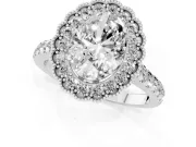 Oval Cut Diamond Milgrain Floral Halo Engagement Ring Set in White gold with Pavé Band