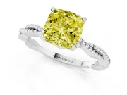 Fancy Yellow Cushion Cut Diamond Solitaire Ring Set in White gold with Twisted Band and Bead Prong Setting