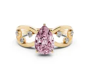 Fancy Pink Pear Cut Diamond Solitaire Ring Set in Yellow gold with Side Stones on Criss-Cross Band and Prong Setting