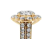 Oval Cut Diamond Halo Engagement Ring Set in Yellow gold with Split Shank and Prong Setting