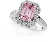 Fancy Pink Emerald Cut Diamond Floral Halo Ring Set in Silver with Pavé Band and Prong Setting