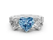 Heart-Shaped Three Stone Engagement Ring Setting for a Fancy Blue Lab-Grown Diamond | Beaded Shoulders | Platinum