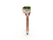 Fancy Green Heart Cut Diamond Three-Stone Ring Set in Rose gold with Milgrain Band