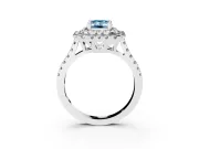 Fancy Blue Emerald Cut Diamond Double Halo Statement Ring Set in White gold with Pavé Band