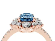 Fancy Blue Emerald Cut Diamond Floral Halo Ring Set in Rose gold with Round Pavé Band and Prong Setting