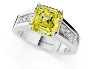 Fancy Yellow Asscher Cut Diamond Solitaire Ring Set in Silver with Channel-Set Accent Stones and Prong Setting